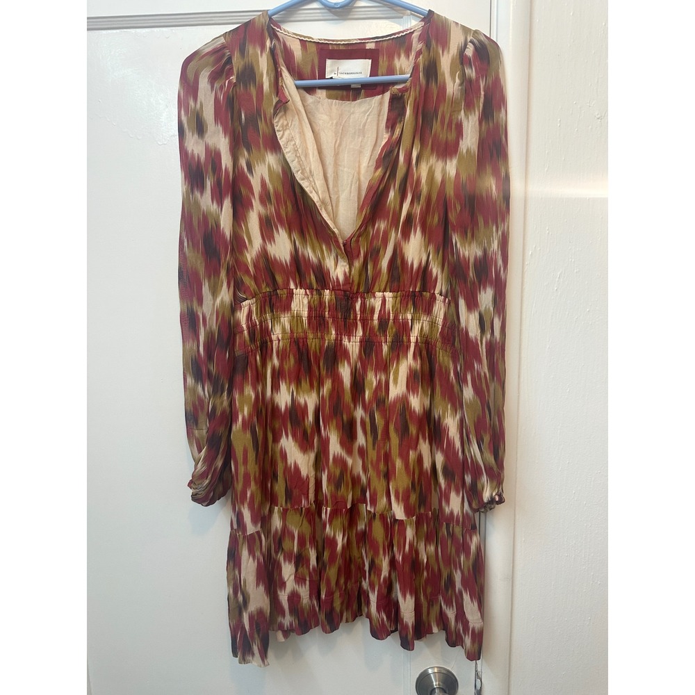 Anthropologie Ikat Print Smocked Waist Ruffle Mini Dress Burgundy rust fall SZ M